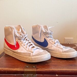 Nike White High-Tops with Red and Blue Swooshes